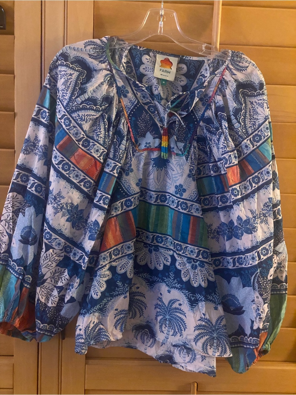 FARM RIO Blue Palms Peasant Blouses Beaded Tassels Med